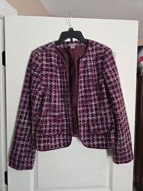 Ann Taylor Tweed Jacket Sz 14 Pink Purple Burgundy Cropped Blazer Womens GUC